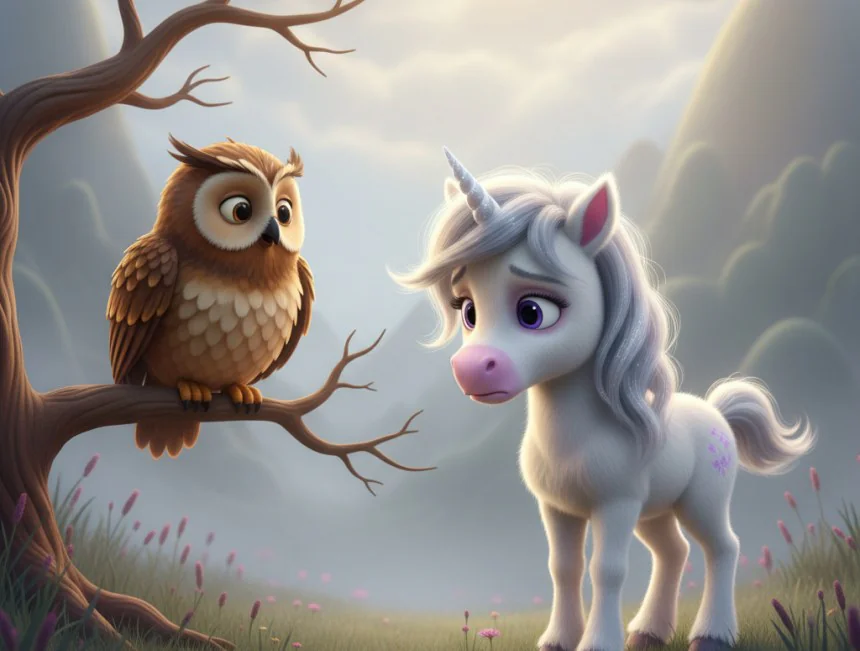 Derken bir sabah, soğuk bir sis vadiye çökmüş ve küçük unicorn uyandığında sesinin kayıp olduğunu fark etmiş. Ne kadar u