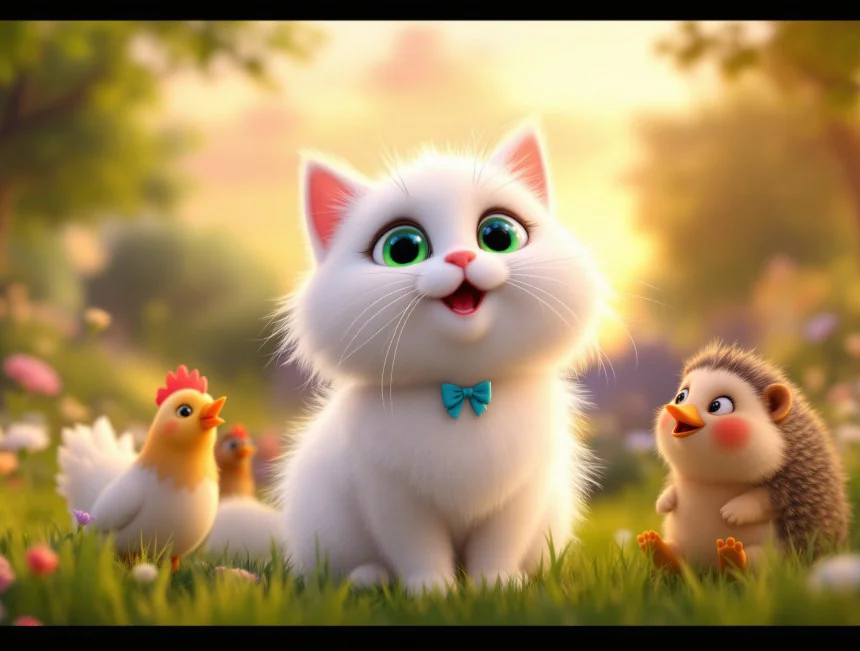 O günden sonra beyaz kedi çatının en tepesinde değil, dostlarının yanında şakımaya başlamış; serçeyle, tavukla, kirpiyle
